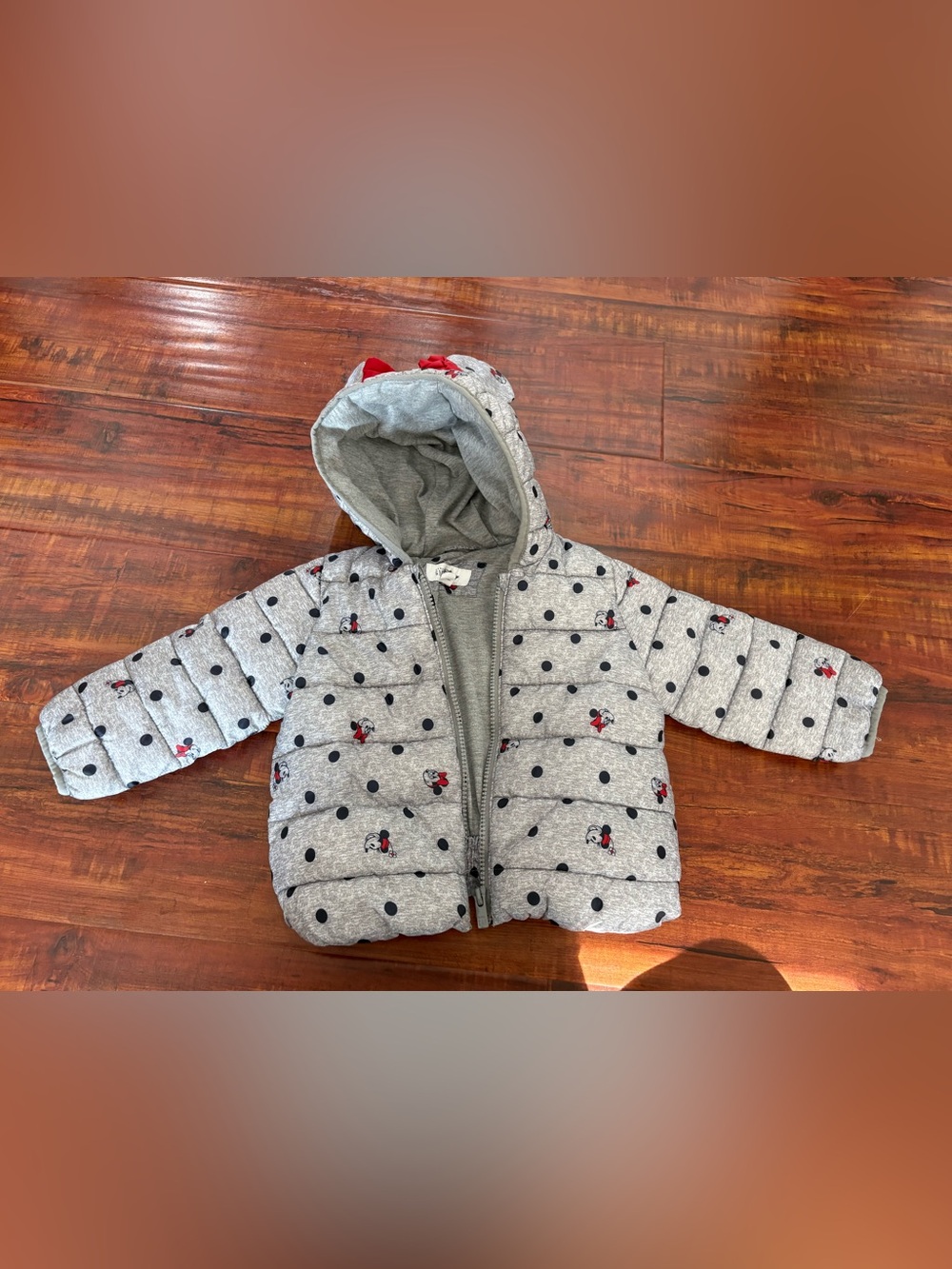 Kids Disney Gaps Grey Hooded Puffer Jacket Minnie Mouse- size 18 to 24M
